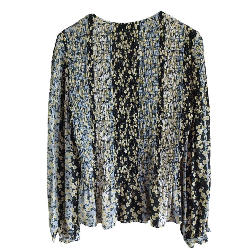 Parker Womens Silk Floral Smocked Peplum Blouse Black Daisy Balloon Sleeve Sz M - Picture 3 of 14